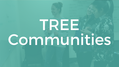 Text: TREE Communities Image: Three people standing together and laughing