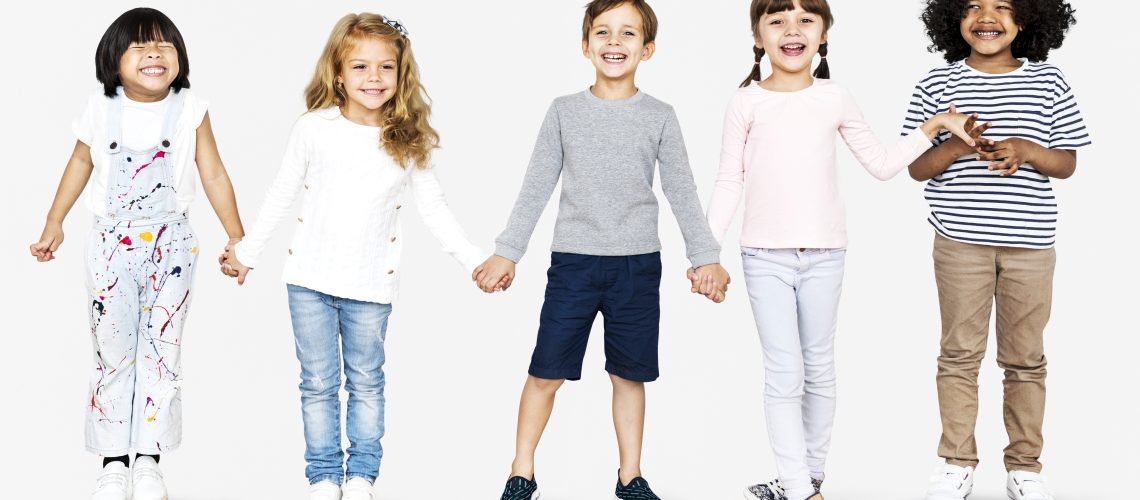 Cheerful diverse kids holding hands