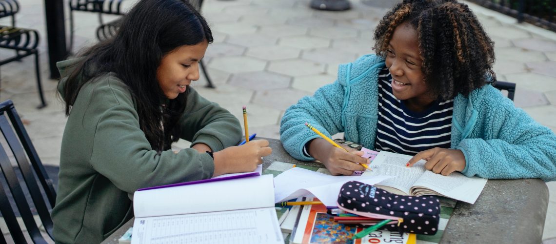 cheerful multiethnic little girls doing homework together