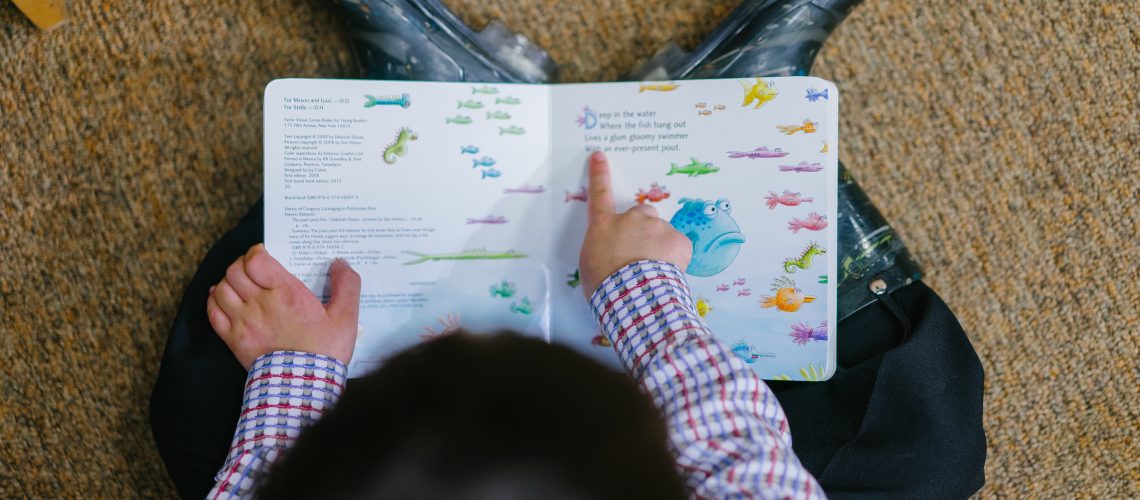 An overhead shot of a boy reading a picture book.