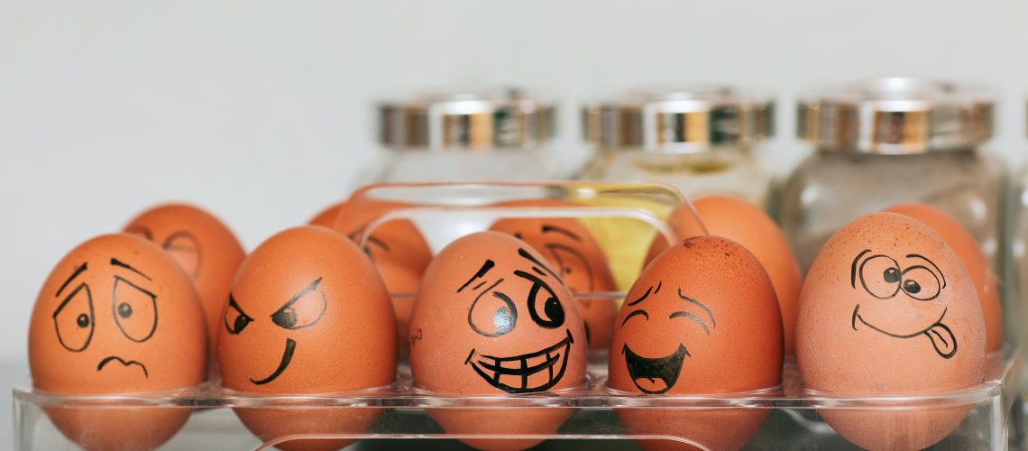 Eggs with drawn on faces, showing different emotions